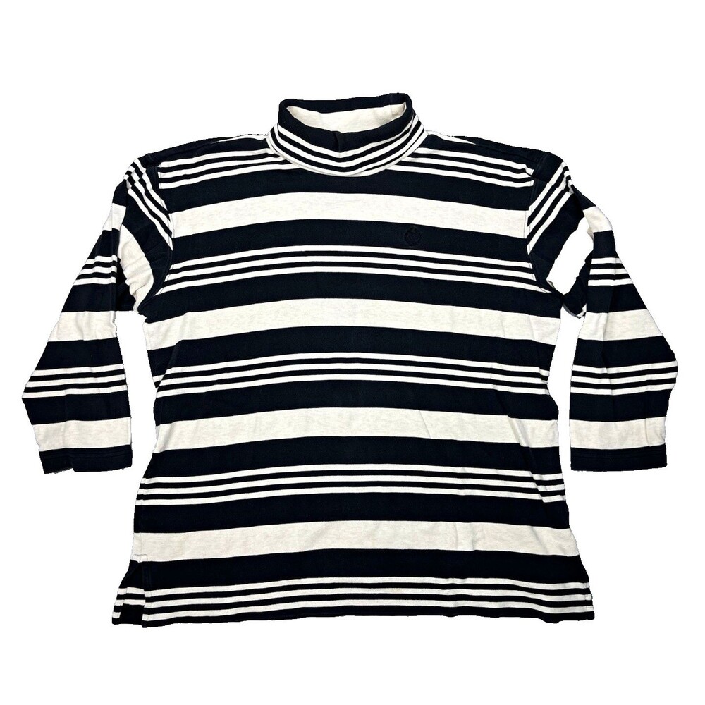 VTG 90s Liz Claiborne LizSport Womens L Black Ivory Striped Turtleneck Top